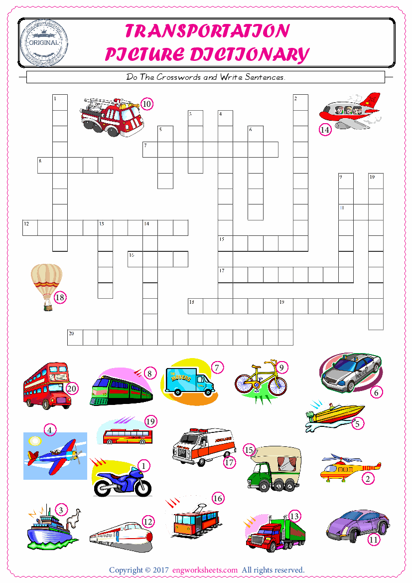  ESL printable worksheet for kids, supply the missing words of the crossword by using the Transportation picture. 